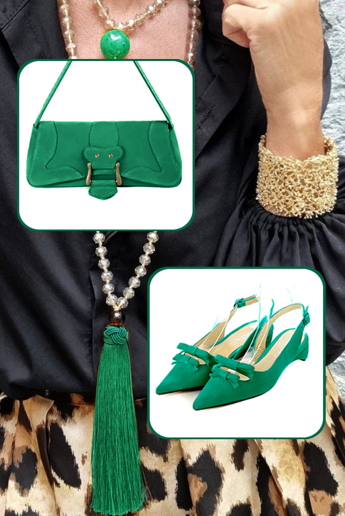 Emerald green women's dress handbag, matching pumps and belts. Top view - Florence KOOIJMAN